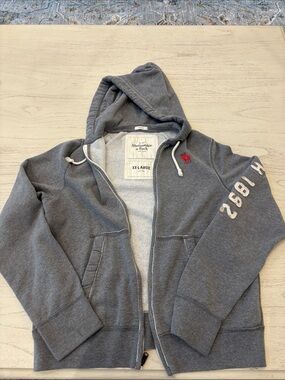 Abercrombie & Fitch Charcoal Gray Zip Hoodie with Red Logo